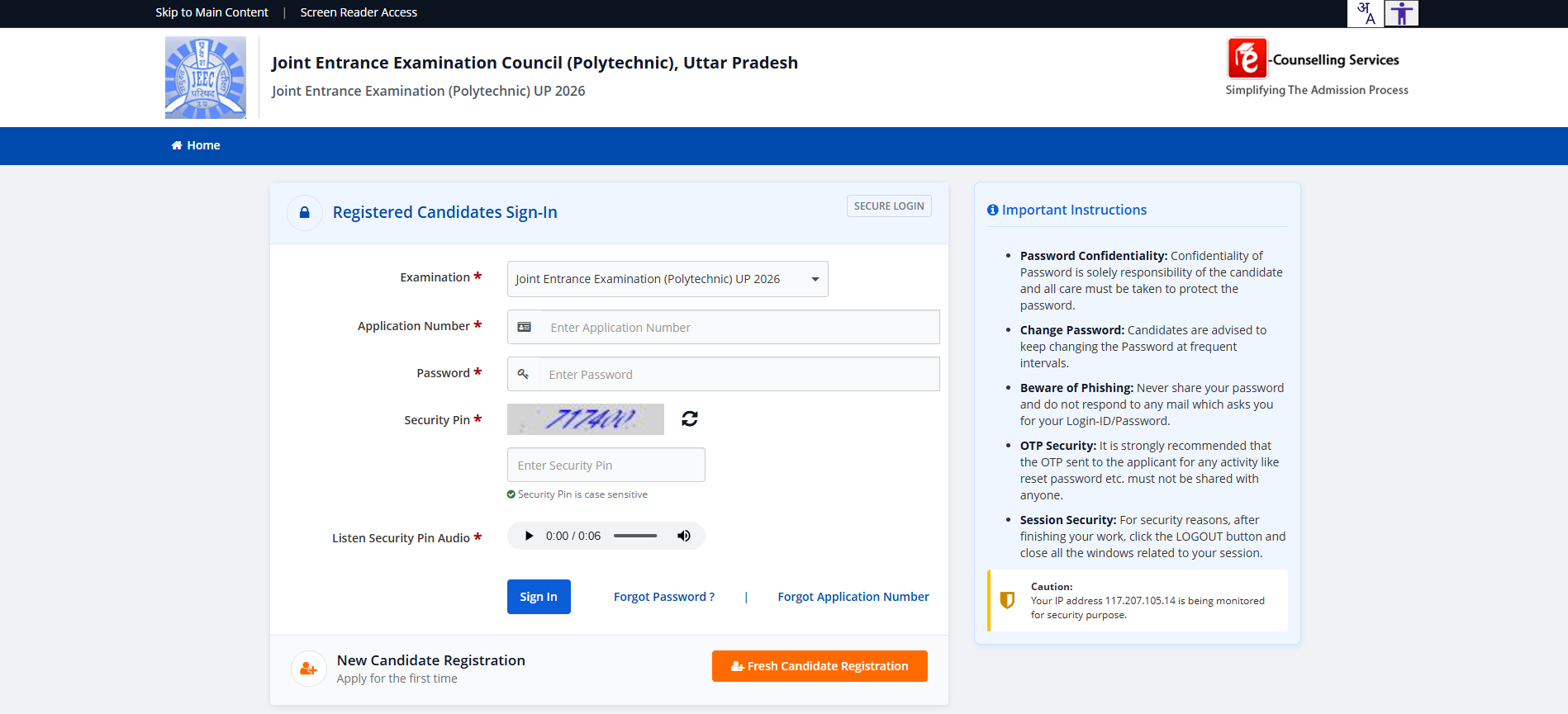 JEECUP 2026 sign-in page with the Fresh Candidate Registration option at the bottom